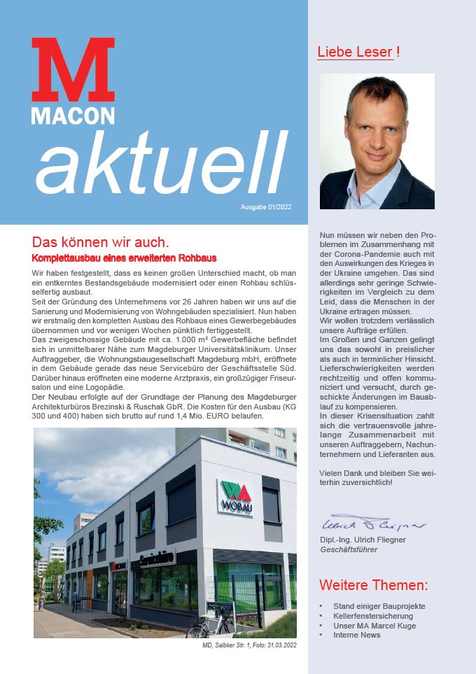 Zeitschrift MACON aktuell - Zeitschrift der MACON BAU GmbH Magdeburg