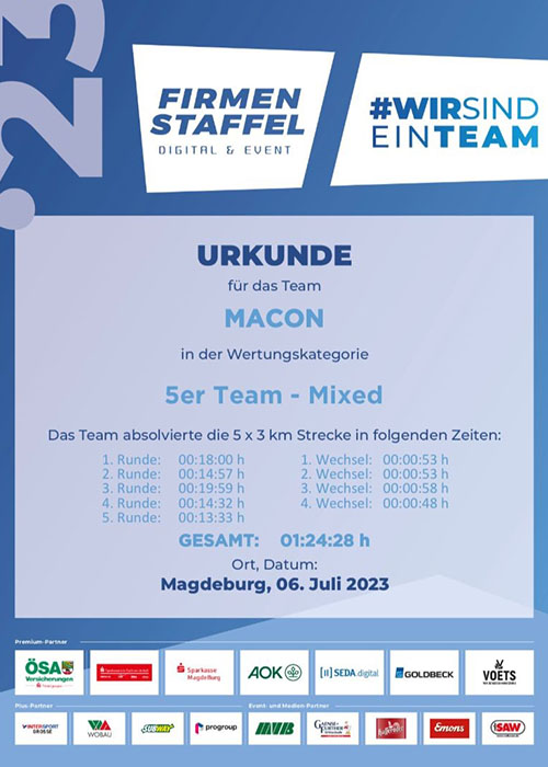 Urkunde der Firmenstaffel 2023 für die MACON BAU GmbH Magdeburg