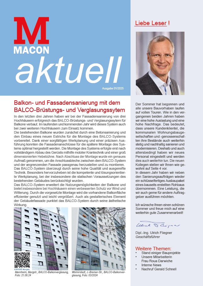 Foto der Firmenzeitung MACON aktuell Ausgabe 01/2025, Deckblatt mit Leitthema und rechtsseitig Foto des GF Dipl.-Ing. Ulrich Fliegner - darunter sein Anschreiben zu dieser Ausgabe.