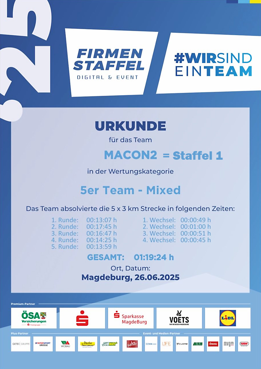 Urkunde Team 1 der MACON BAU GmbH Magdeburg mit den 5 Laufzeiten a 3km, hellblauer Untergrund, unten die Logos der Sponsoren