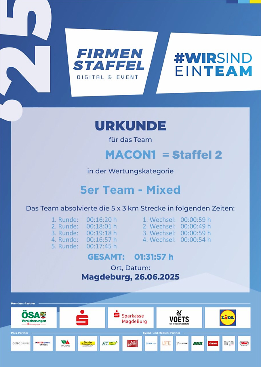 Urkunde Team 2 der MACON BAU GmbH Magdeburg mit den 5 Laufzeiten a 3km, hellblauer Untergrund, unten die Logos der Sponsoren