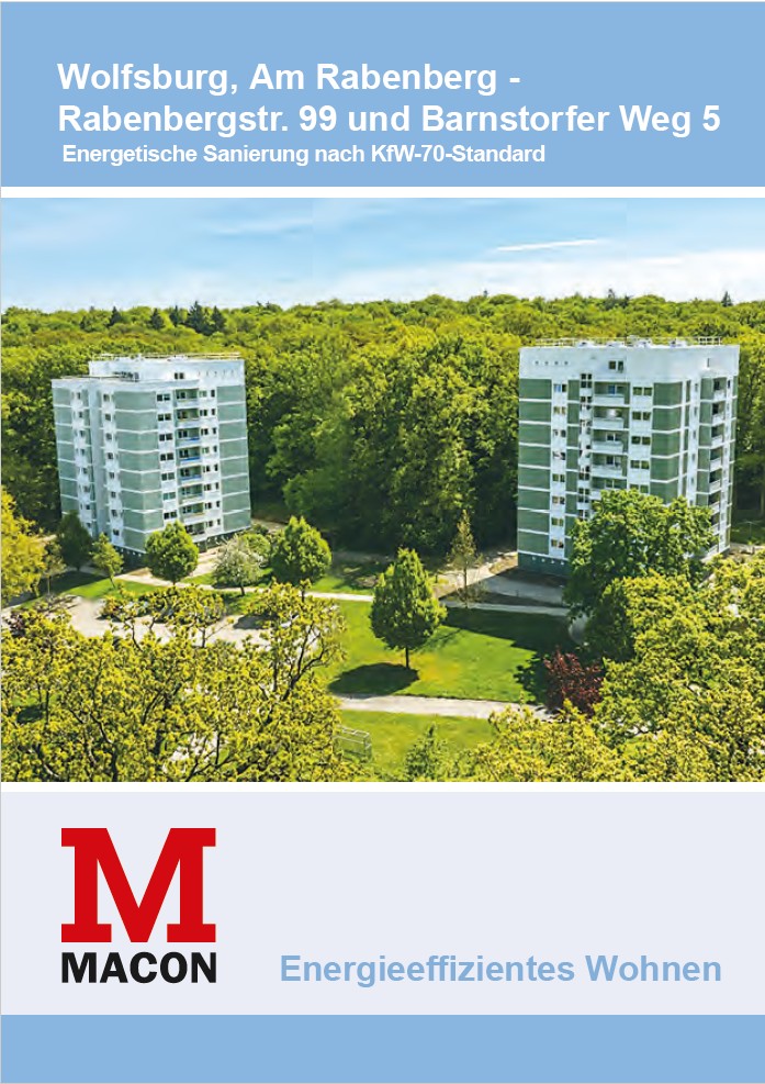 Deckblatt des Referenzblattes zum Bauvorhaben der MCON BAU GmbH Magdeburg in Wolfsburg am Rabenberg. In einer Fotobearbeitung sind nun beide Wohngebäude (Punkthäuser) im sanierten Zustand sichtbar.